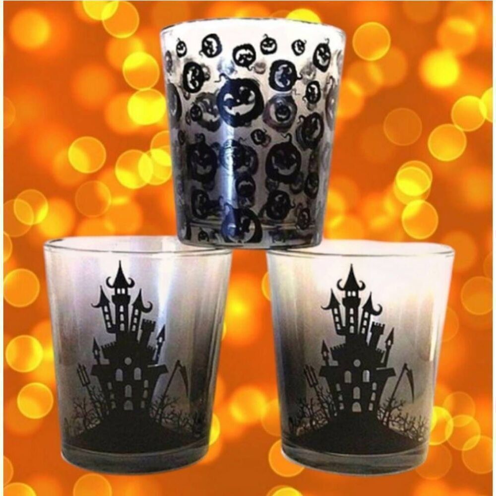 Black Frosted Spooky Halloween Printed 4" Glass Tumblers Set of 3 NWT